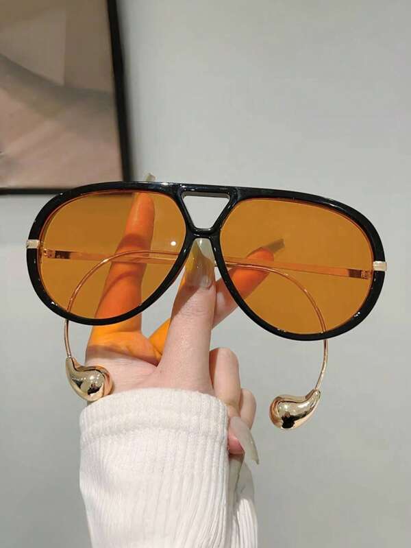 1pc Large Frame Double Beam Fashion Glasses With Steel Balls On The Legs, Personalized And , Versatile Retro Fashion Glasses Suitable For Daily Wear, Street Photography, Vacation Travel, Summer Beach Accessories, Women's Accessories