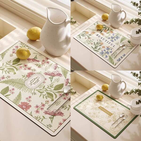 1pc Multipurpose Rustic Floral Print Silicone Trivet Mat, Absorbent Anti-Slip Dishwasher Safe, Rectangular Shape Suitable For Kitchen Counters, Sinks, Coffee Makers, Bathroom Vanities