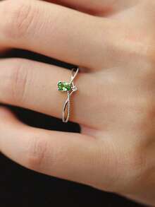 1pc S925 Sterling Silver Green Zirconia Teardrop Ring, Elegant & Fashionable Design For Women, Suitable For Various Occasions, Birthday/Jewelry Gift - Silver - View 4