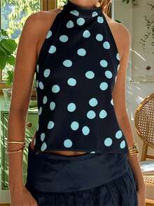 Women Y2k Polka Dots Halter Tank Tops Cute High Mock Neck Backless Cami Open Back Camisole Going Out Tops - Màu xanh ngọc - Xem 4