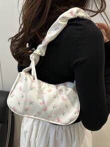 女款碎花斜挎單肩包，大容量百褶手提包，休閒簡約風，2024新款，粉色 - 粉色 - 查看 4