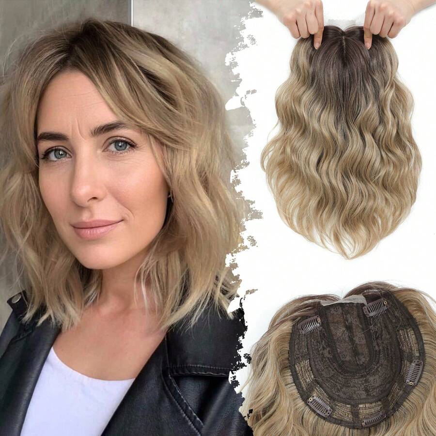 Megito Short Wavy Hair Topper For Women With Thinning Hair, 11 Inch Natural Looking Hairpiece, Volume Booster Wiglet For White HairRoots Coverage, Heat Resistant Synthetic Topper For Women - Ombre Blonde with Dark Root - 查看 1