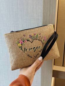 Personalized Set: Heart Wreath, Letter Pattern Handbag And Cosmetic Bag, Large Capacity Tote Bag Set, Can Be Carried By Shoulder Or Hand. Women's Large Capacity Multi-Function Tote Bag And Cosmetic Bag, A Charming Choice For New Year. - Khaki - View 6