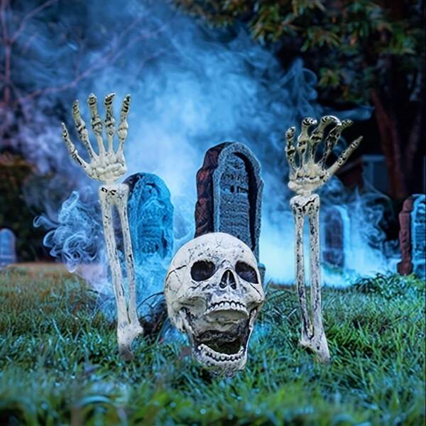 Realistic Skeleton Stakes Decoration - Spooky Skull And Hands With Eerie Glowing Eyes, No-Power Needed, Classic Style For Halloween Outdoor/Indoor Yard, Garden, Haunted House Decor, Halloween Decorations