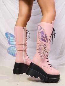 Women's Round Toe Thick Heel Tall Boots, Pink, Lace-Up Elastic Fashion Boots For Autumn/Winter,Y2k Shoes - Pink - View 5