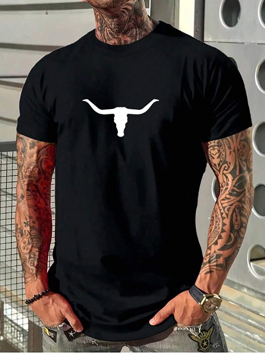 Camiseta casual de manga corta paras con estampado de cabeza de toro y cuello redondo para verano - Negro - Ver 1