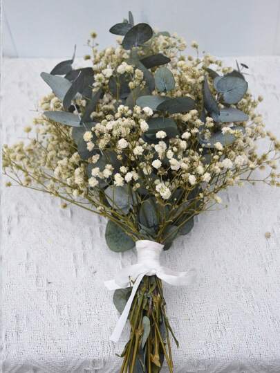 1 Bouquet Mixed With Baby's Breath, Eucalyptus, & Lavender, Natural Plant Flower Bouquet For Table Vase, Wedding, Bride Bouquet, Home/Office Decor, Party