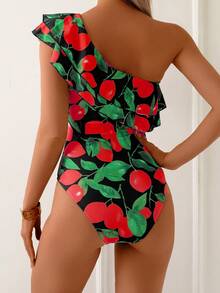 Women's Fashion Lemon Print Ruffle One-Piece Shoulder Dress