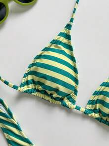 Women's Basic Striped Print Swimsuit, Suitable For Various Occasions From Pool To Beach In Summer, Daily Mini Triangle Bikini Beach Outfit - Dark Green - View 4