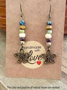 2pcs Floral Natural Stone Earrings, Boho Metal Colorful Pendants, Women's Daily Party Casual Outfits Accessories