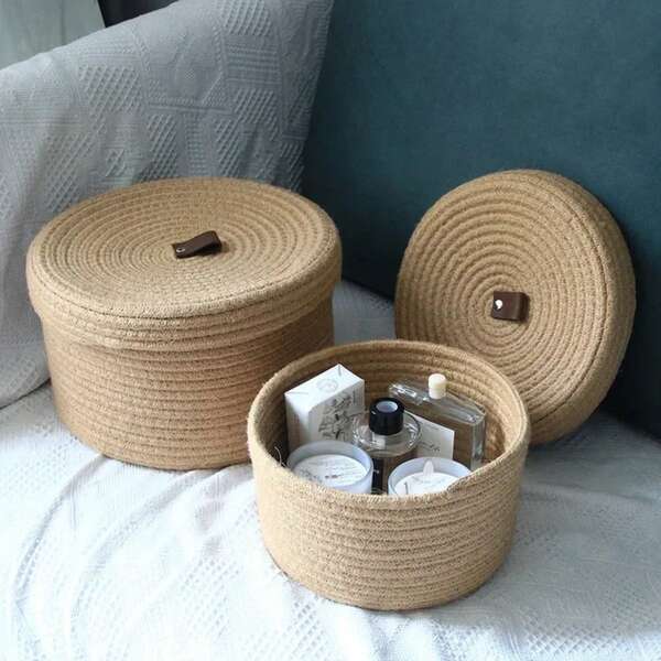 Vintage Desktop Storage Baskets Dustproof Braided Simple Frame Household Multi-Functional Sundries Organizer Tool Items