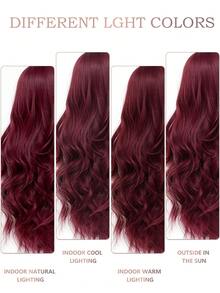 Burgundy Highlighted Gold Long Loose Wavy Wig 34 Inches With Center Part Bangs Soft And Fluffy High-Temperature Resistant Fiber Suitable For Women's Daily Wear, Holiday Gatherings, Wedding Parties, Halloween, Christmas, Cosplay, Y2K Winter Casual Street Style, And More - Red Violet - View 10