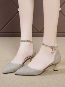 1 Pair Fashionable New Style Teenager High Heel Shoes, One-Buckle Design, Shiny Upper With Kitten Heel, Crystal Shoes For Formal Occasion