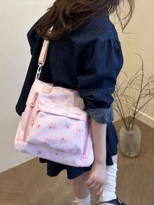 2025夏季新款时尚蝴蝶结印花单肩托特包，立体外袋，拉链开口，长肩带可调节，大容量轻便简约斜挎包。适合逛街、购物、购物、年轻女性、大学生、职场新人、白领。适用于办公室、大学、工作、商务、通勤、户外活动、旅行和短途旅行。