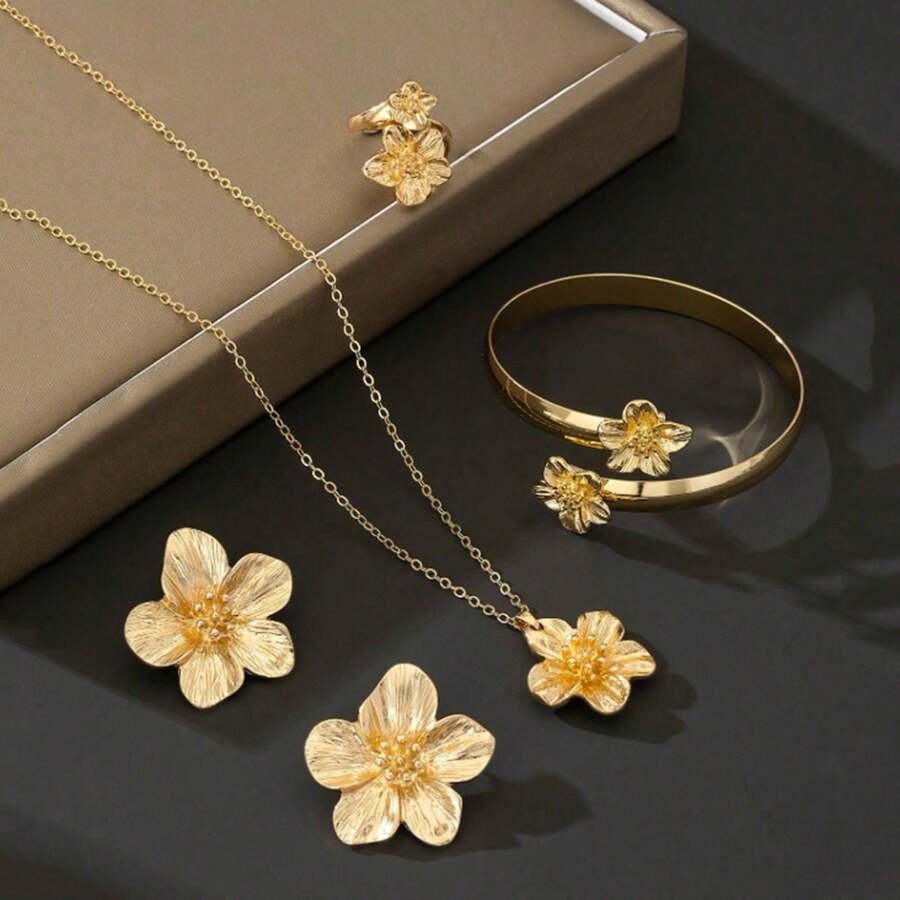 4pcs Flower Jewelry Set, Vintage Golden Flower Pendant Necklace, Bracelet, Ring, Earrings, Luxurious