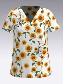 Women's V-Neck Top Sunflower Floral Pattern Printed Nurse Uniform, Scrub Top With Pockets - Multicolor - View 1