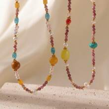 1pc Beach Style Natural Stone Beaded Necklace, Suitable For Women Vacation & Daily Wear