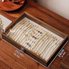 1pc Chinese Vintage Antique Finish Solid Wood Jewelry Box With Glass Lid & Snap Closure - Multi-Hooks Organizer For Necklaces - Elegant Desktop Storage Gift For Women, Wife, Girlfriend, Jewelry Display, Necklaces Holder, Classic Design, Construction, Jewelry Boxes