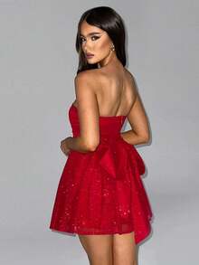 Mesh Strapless Sparkling Sexy Mini Vestidos Mujeres Moda Backless Bow Pleated Vestidos Mujeres Club Fiesta Vestidos Elegante. - Rojo - Ver 3