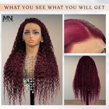 Perruque de cheveux humains à ondulation profonde 99j bordeaux avec densité de 200% et frontale en dentelle de 34 pouces. Perruque à front en dentelle de cheveux humains ondulés naturels de 13x4 avec hairline naturel et cheveux bébé, conçue pour femmes.