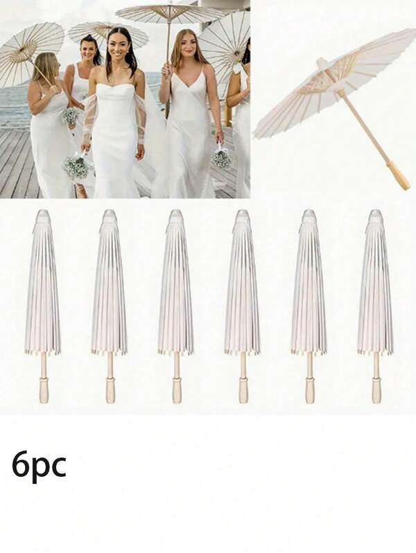 6pcs/1pc White Paper Umbrella - Wooden Handle, No Power Or Feathers Required, Perfect For Weddings, Photo Shoots, Makeup, Parties, Beach Decorations.