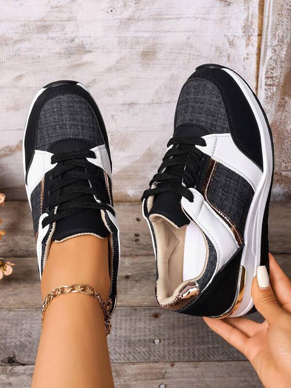 Fashionable New Comfy Color Block Lace-Up Thick Bottom Sneakers, Summer Beach Vacation Wedges Breathable Knit Round Toe Slip-On Walking Shoes, Outdoor Lightweight Casual Elegant Non-Slip Durable Running Shoes