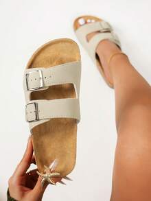 女士复古露趾透气凉鞋，舒适防滑拖鞋，适合室内外穿着 - 米色 - 查看 1