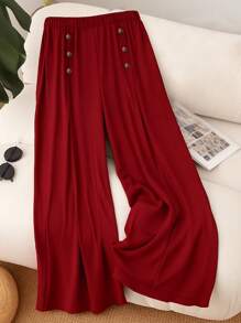 Plus Size Women Wide Leg Pants, Solid Color, High Waisted A-Line Design With Button Detail, Comfortable For Casual Outings