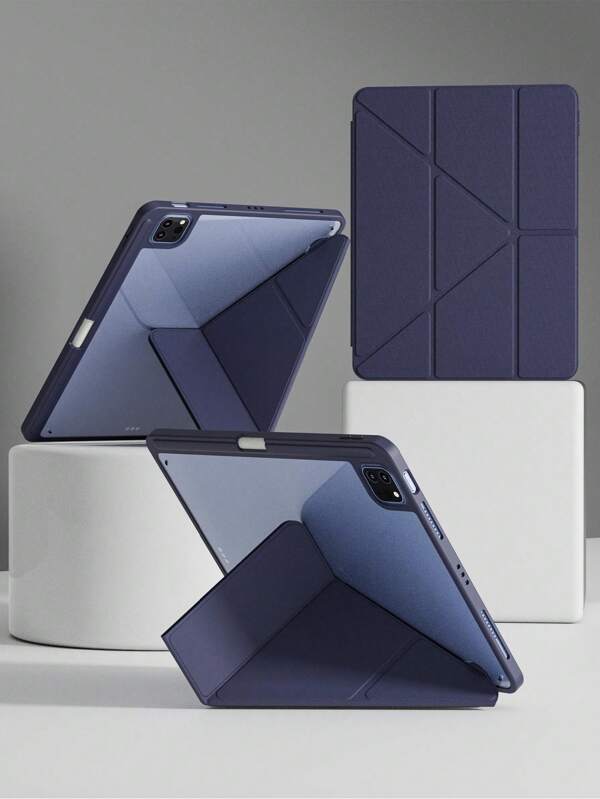 Transparent Acrylic Case For Ipad Air 11 13 M2 2025 M3 Support Mutil Angles Folding Y-Shaped Stand Cover Compatible A16 11th 2024 Air 5 Air 4 10.9 9th 8th 7th 10.2 5th 6th 9.7 10th Gen 2021 Pro 11 12.9 Mini6 7with Pencil Holder,Auto Wake/Sleep-Navy Blue