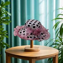 Women Organza Church Hats Dots Print Large Flower Church Hats Outdoor Lightweight Sun Hats - 粉色 - 查看 2