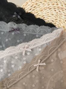 4 pièces de culottes triangle en dentelle semi-transparente à haute extensibilité avec découpes en dentelle sexy pour femme. Ensemble combiné de bas de sous-vêtements pour femme à pois sexy et sans couture pour l'été