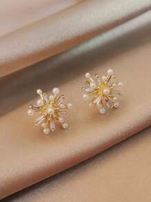 1 Pair Stylish Luxury Crystal & Faux Pearl Flower & Star Firework Stud Earrings, Suitable For Women Everyday Wear Jewelry