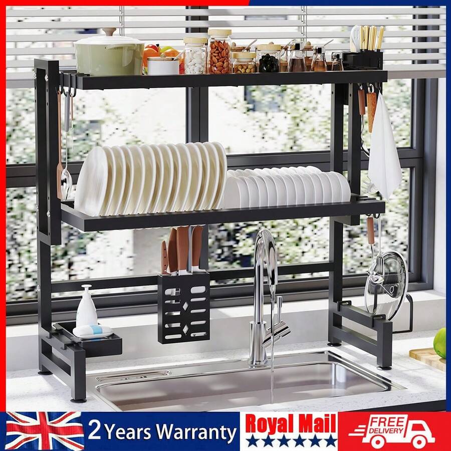 OYAJIA Dish Drying Rack - Over The Sink Dish Drainer Drying Rack With Utensil & Knife Holder, Hooks, Stainless Steel Kitchen Organizers And Storage Solution,83*27*73cm - 黑色 - 查看 1