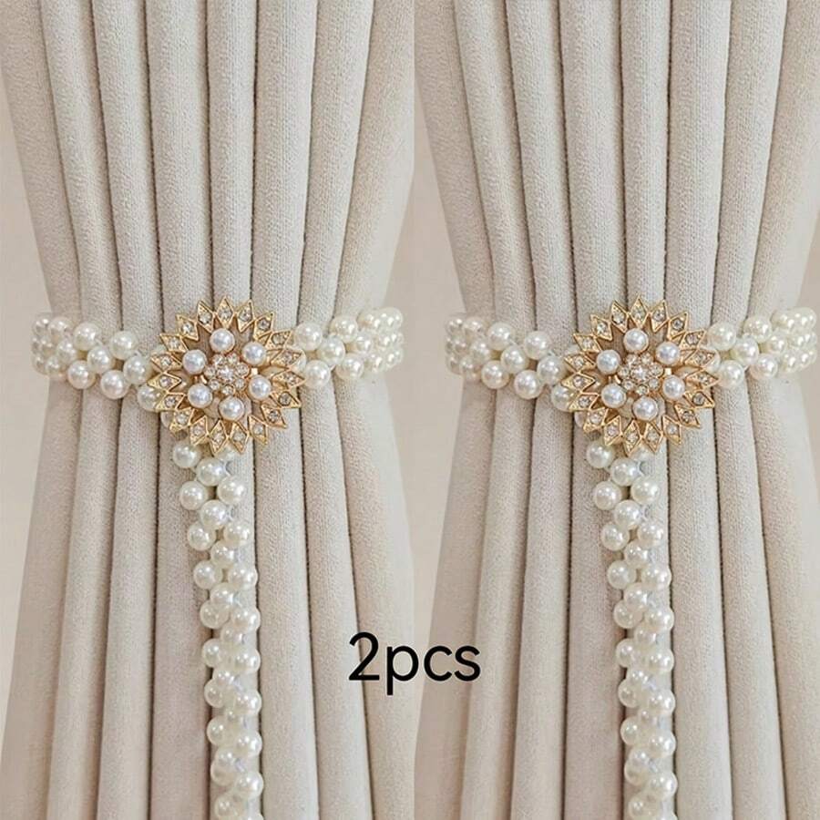 2 件优雅向日葵窗帘系带，带可调节仿珍珠 - 金色饰面，适合客厅和卧室的豪华家居装饰 - 2pcs - 查看 1