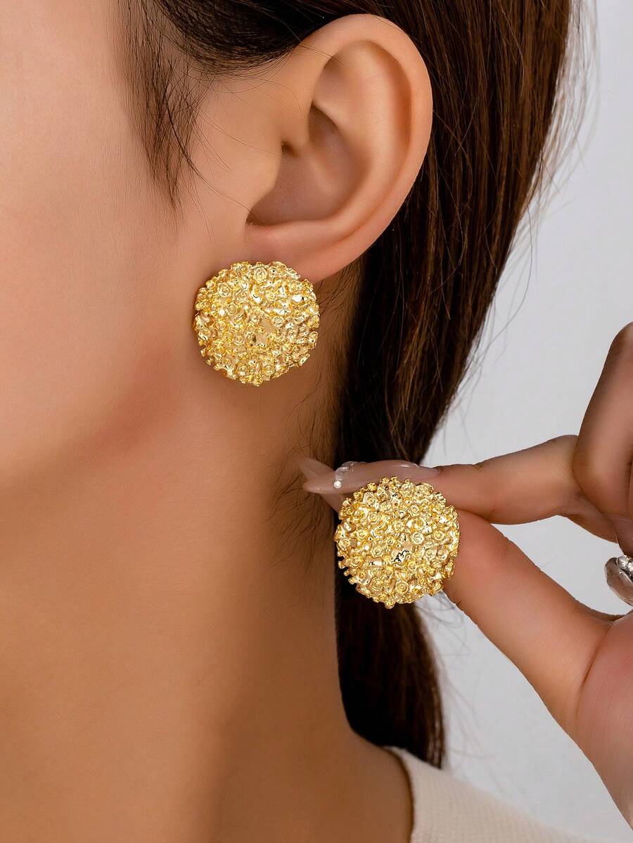 1 Pair Asymmetrical Round Earrings, Casual Vacation Jewelry Accessories For Women - Yellow Gold - View 1