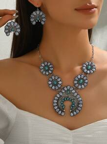 3pcs/Set Boho Style Turquoise Flower Design Alloy Necklace And Earrings Set, Suitable For Women Party Wear