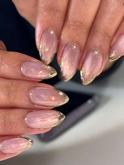 10pcs Handmade Almond Shaped Purple Cat Eye Reflective Golden Mirrored French Tip Cute Simple Elegant Pressable Nails