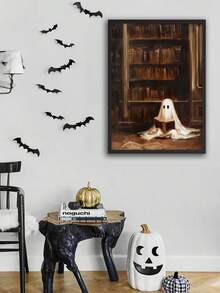 1 件，帆布墙艺术，带框墙艺术，复古书筒阅读鬼魂，万圣节装饰，万圣节海报，万圣节阅读鬼魂，恐怖艺术用于家居装饰办公室装饰浴室装饰客厅装饰卧室装饰，房间装饰，宿舍装饰，卧室装饰，图书馆装饰，学校装饰，返校季万圣节装饰