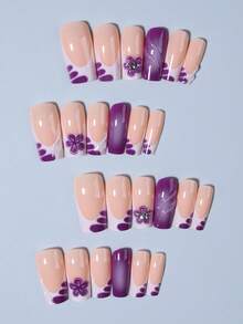 24片3D美甲贴纸，可打造法式美甲，中等花朵形状，镶嵌水钻，亚克力材质，包含1瓶甲油胶和1把指甲锉，易于涂抹。适合女性和女孩日常、节日、派对等场合使用。 - 紫色 - 查看 3