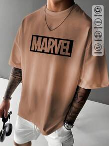 Marvel Camiseta de algodón con estampado de flores fritas de Marvel, estilo universitario de colisión acanalada, nueva ropa deportiva de primavera y verano para hombre con colores degradados, camisetas de manga corta color café para hombre suaves y transpirables.
