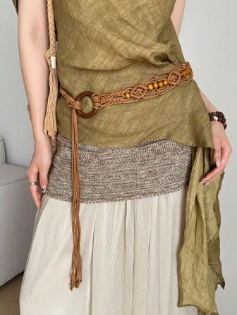 1pc Brown Ladies Polyester Bohemian Style Round Buckle Pearl Vintage Waist Rope Summer, School Fall, Autumn, Halloween