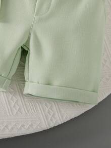 Bộ vest 3 món màu xanh hải quân/xanh lá cây/xám mới cho trẻ em: Áo sơ mi ngắn tay + Áo vest thắt nơ + Quần short, trang phục phù rể mùa hè cho bé trai, quà tặng phong cách quý ông cho bé trai. - Màu xanh Bạc hà - Xem 8