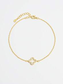 Vaerine 1pc Fashionable & Elegant Minimalist Luxury 925 Sterling Silver Cubic Zirconia Hollow Clover Series Bracelet, Suitable For Dates, Parties, Daily Wear, Showcasing Charm, Gift - Gold - View 13