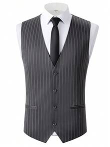 3PCS Stripe Mens Suit Formal Business Wedding Prom Suit Pinstripe Male Groom Tuxedo, Solid Color, Blazer+Vest+Pant, Modern Fit Wedding Party Dinner Formal, Long Sleeves, Machine Washable - 灰色 - 查看 4