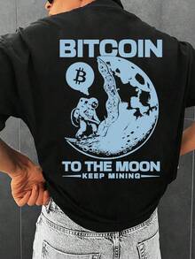 Minero de Bitcoin en la Luna, Camiseta con Estampado Gráfico 100% Algodón para Hombre, Camiseta de Manga Corta con Cuello Redondo para Verano y Primavera, Ropa Casual para Hombre - Negro - Ver 3