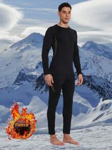 Men's Patchwork Thermal Lined Warm Suit, Autumn/Winter Outdoor Sports Running Fitness Thermal Skiing Base Layer Underwear Set
