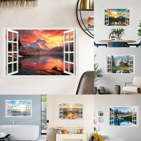3D Fake Window Scenery Decorative Wall Stickers, Beach Scene, Natural Mountain Forest Lake Murals, Landscape Theme, Classic PVC Self-Adhesive Removable Wall Stickers, Rectangular Shape For Bedroom, Living Room, Study Room Decoration