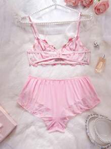 Damen Spitzenblumen Stickerei süße & sexy Lingerie Set, klassische Ditsy Blumen Stickerei