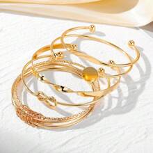 13-12-11-7-6-5pcs Set Fashionable Textured Heart-Shaped Metal Bangle Bracelets For Women, Bohemian Style Adjustable Stacking Bangles Suitable For Daily Life And Party Wear, Ideal Gift For Friends And Family Holiday