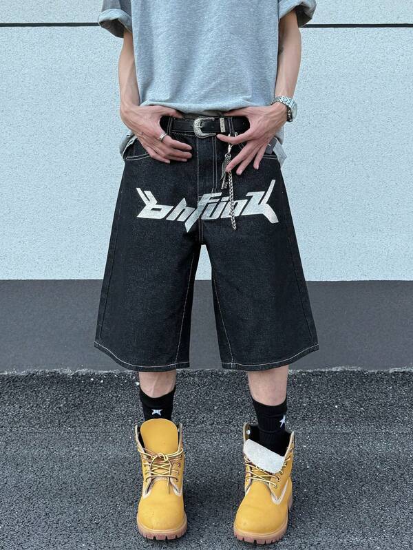 GlobeSwift Straight Leg Jeans For Men, European & American Style Letter Print Casual High Street Fashion Brand